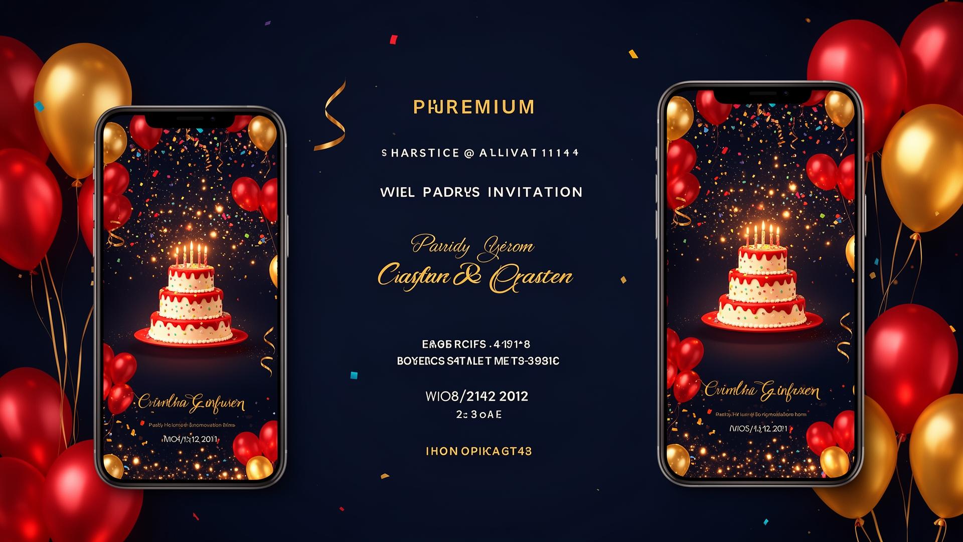 Pré-visualização de convite digital premium em celular com balões e confetes